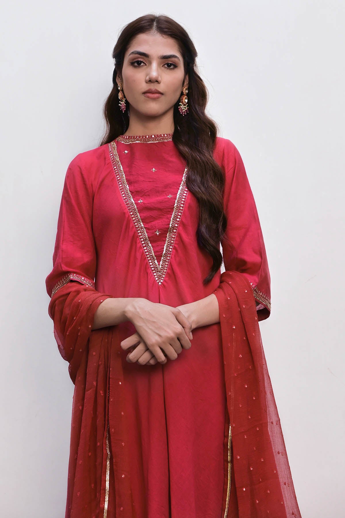 Red Embroidered Yoke Kurta Set