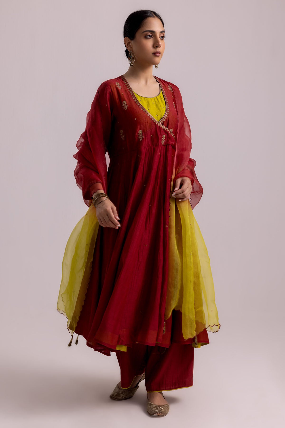 Red Flare Angrakha Anarkali Set