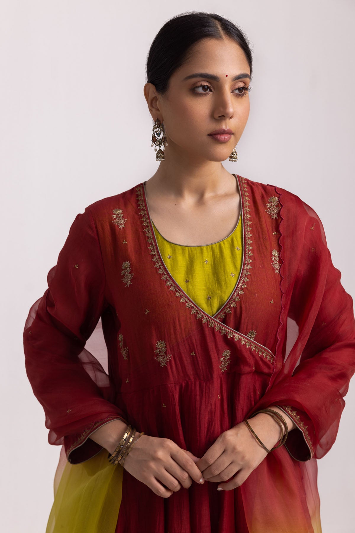 Red Flare Angrakha Anarkali Set