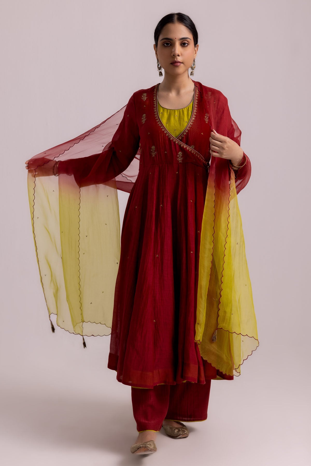 Buy Designer Red Flare Angrakha Anarkali Set Online at ScrollnShops