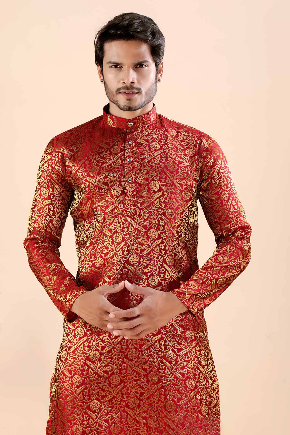 Red Floral Banarasi Silk Kurta