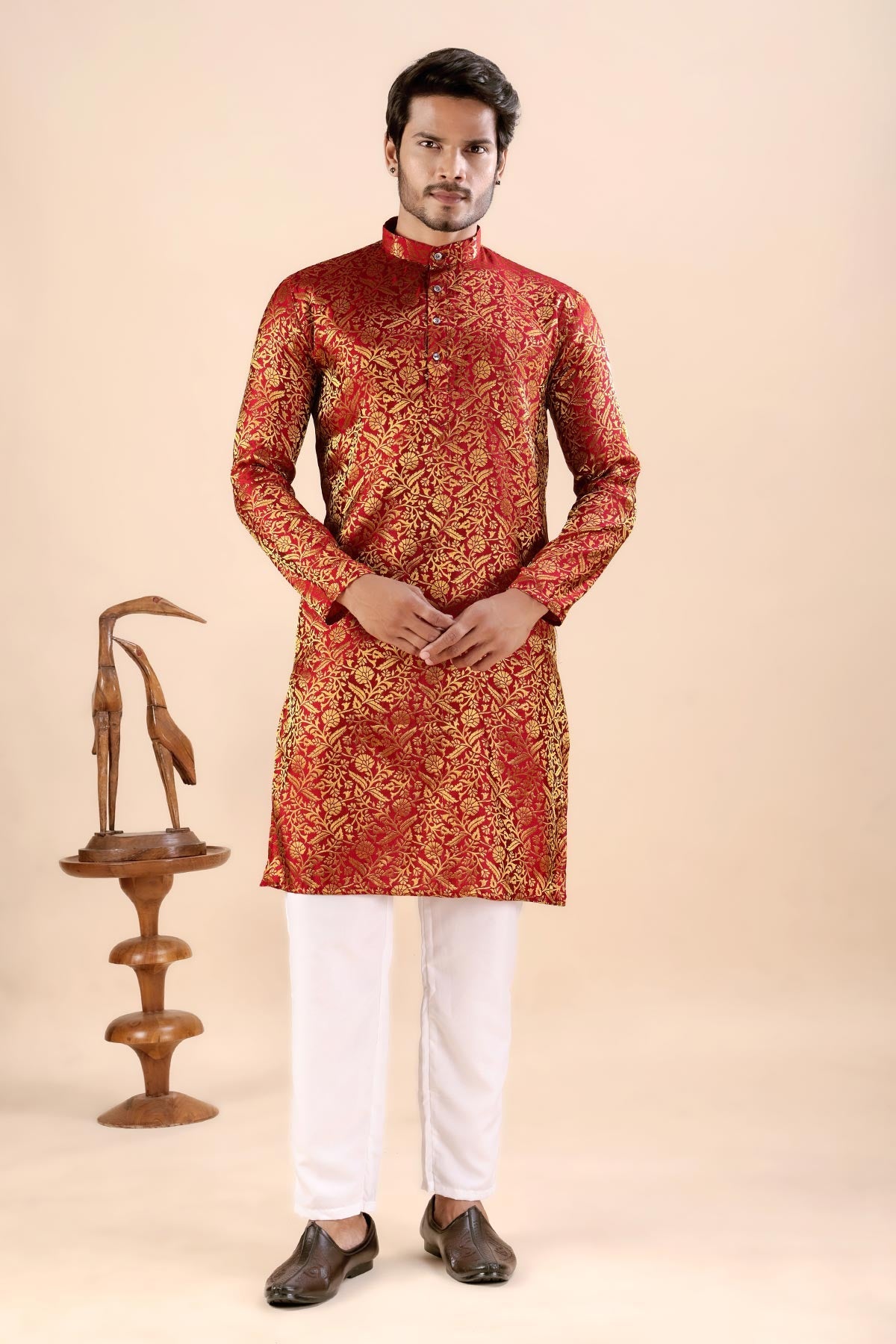 Buy Red Floral Banarasi Silk Kurta for men by Aastha Fashion online available at scrollnshops
