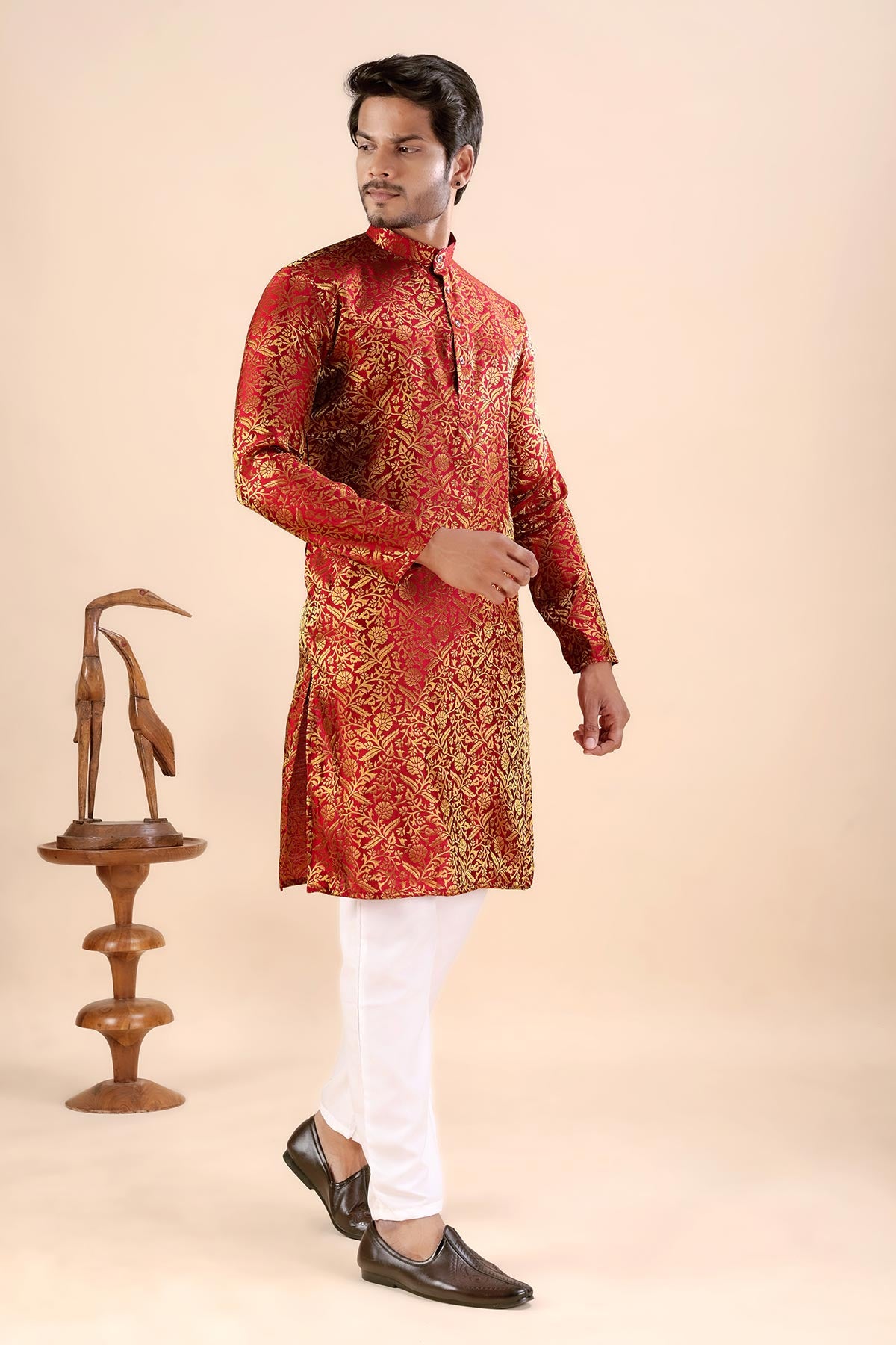 Red Floral Banarasi Silk Kurta