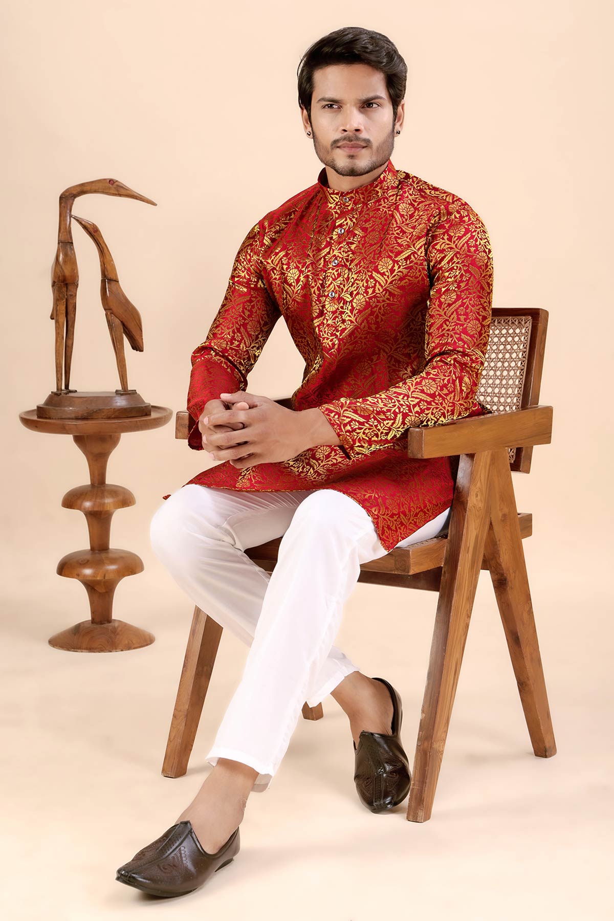 Red Floral Banarasi Silk Kurta