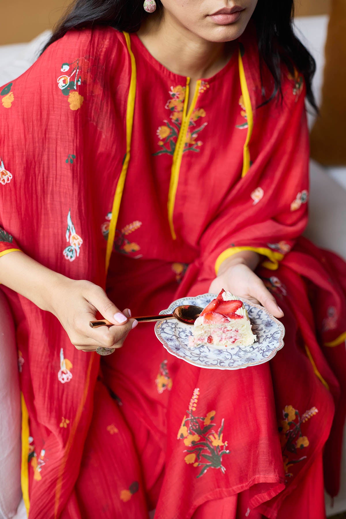 Red Floral Block Print Kurta Set