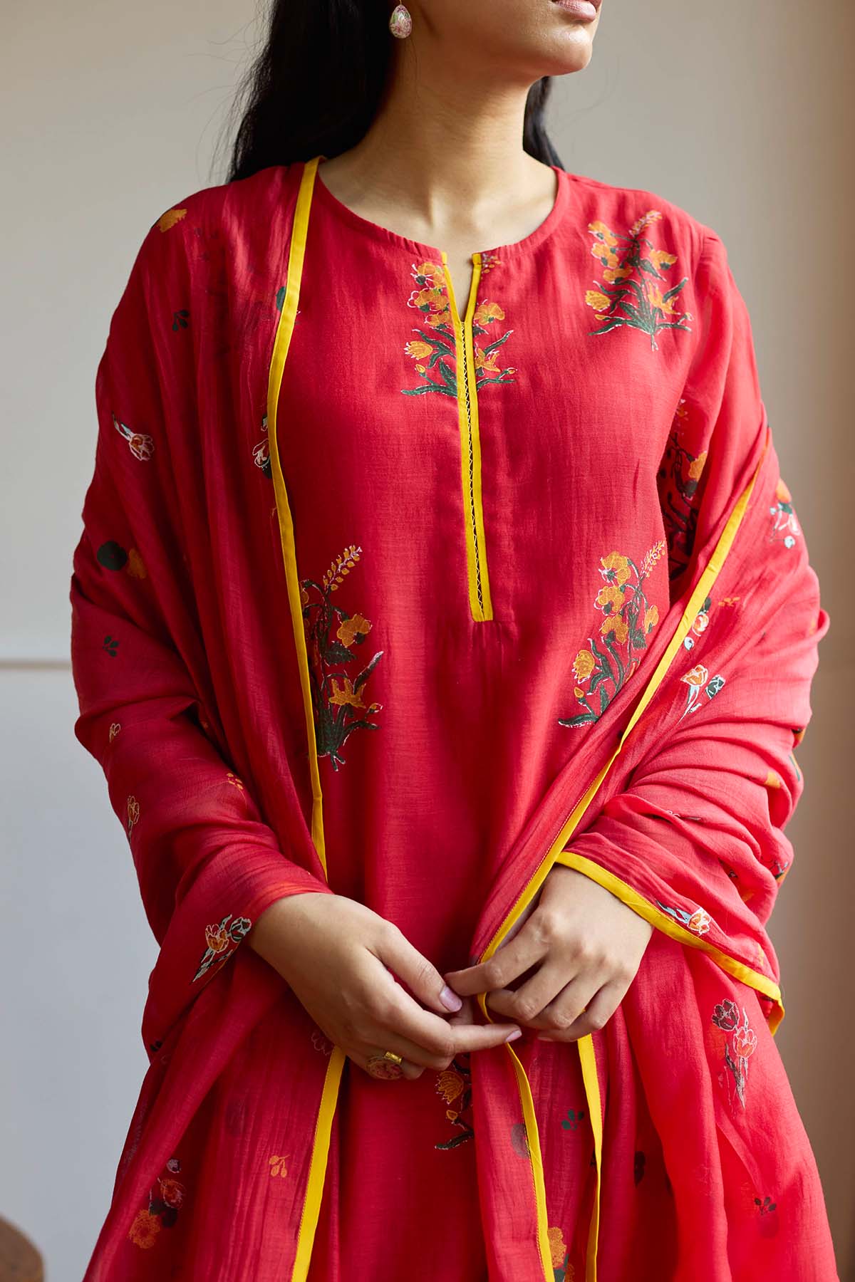 Red Floral Block Print Kurta Set