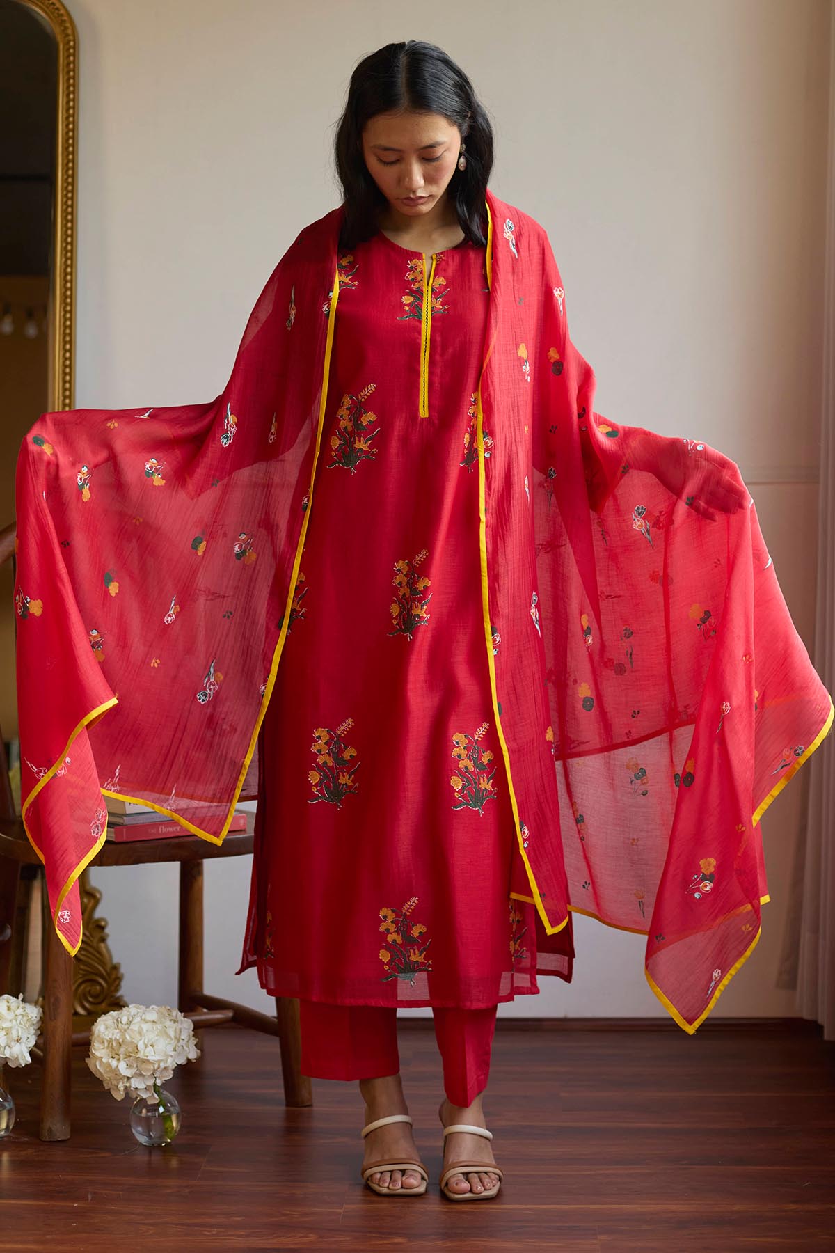 Buy Red Floral Block Print Kurta Set by Juanita by Shubhda for women online at ScrollnShops