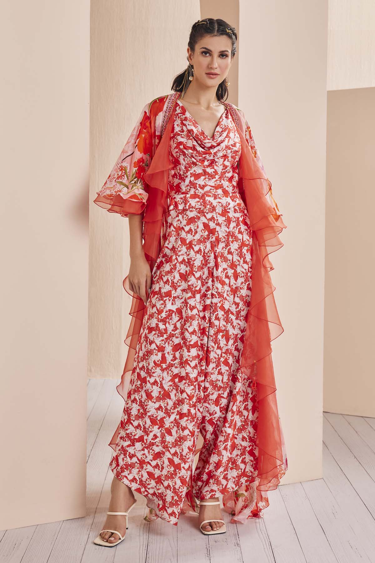 Buy Red Floral Cowl Neck Jumpsuit With Cape by Mandira Wirk