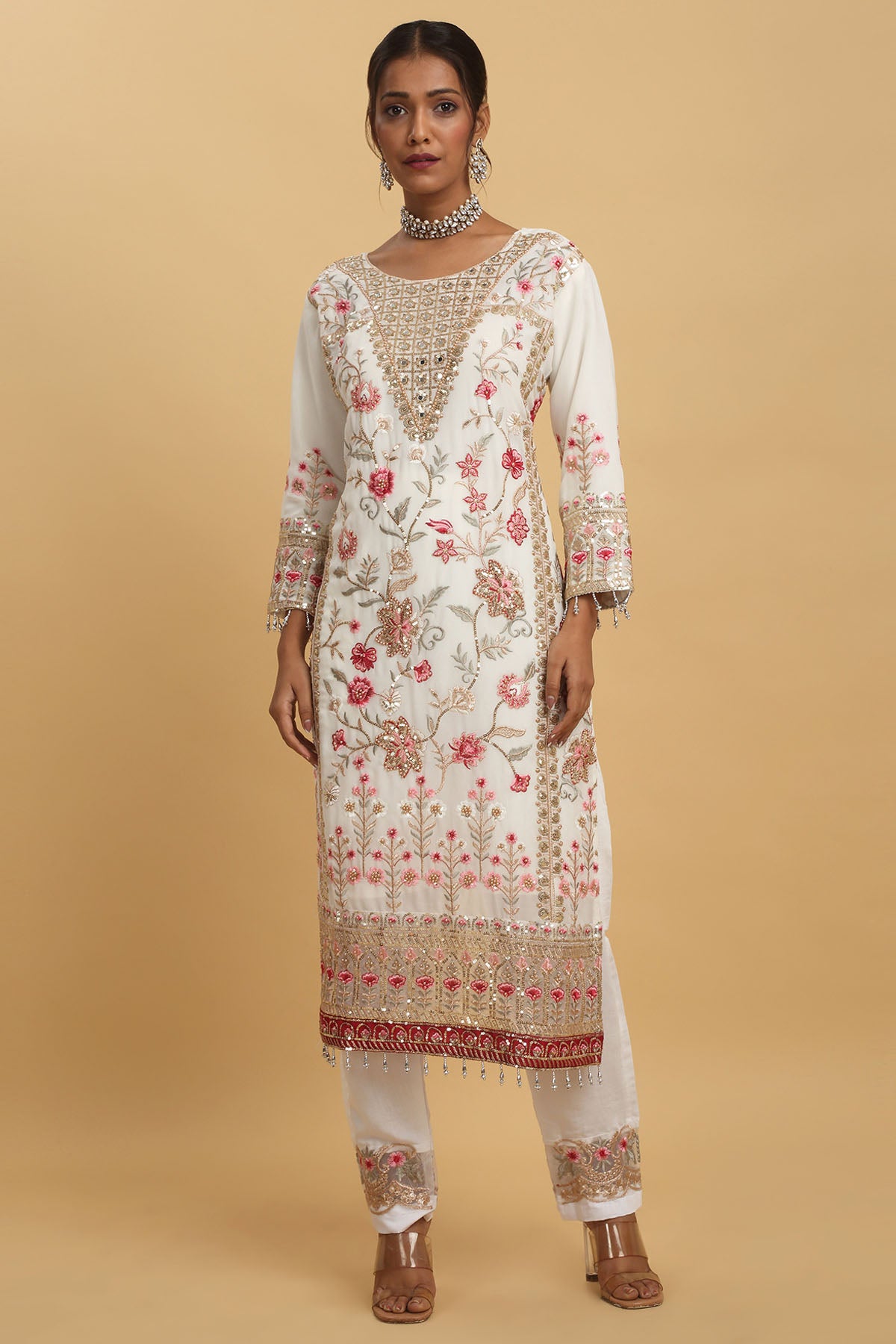 Red Floral Embroidered Kurta Set