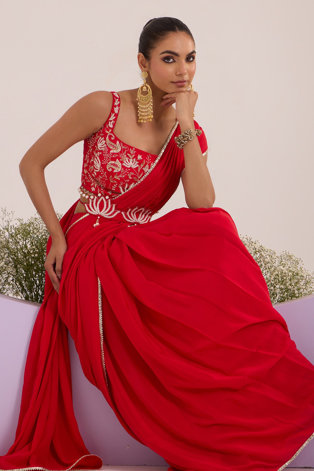 Red Floral Pre-Draped Saree
