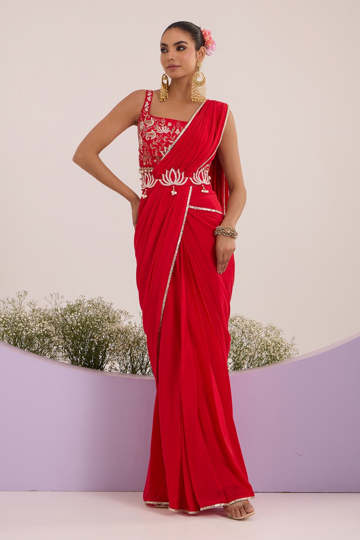 Buy Red Floral Pre-Draped Saree by Nitisha Kashyap for women online at ScrollnShops