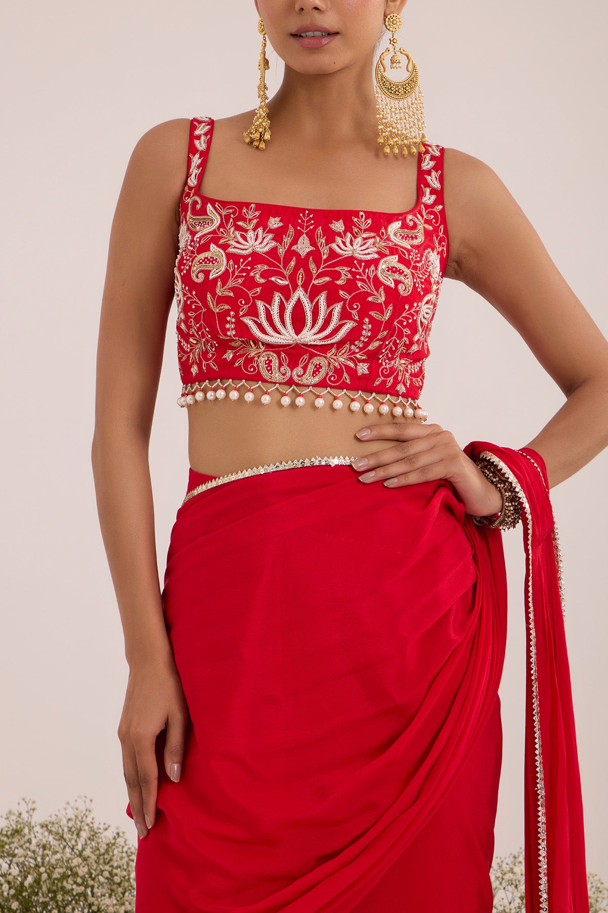 Red Floral Pre-Draped Saree