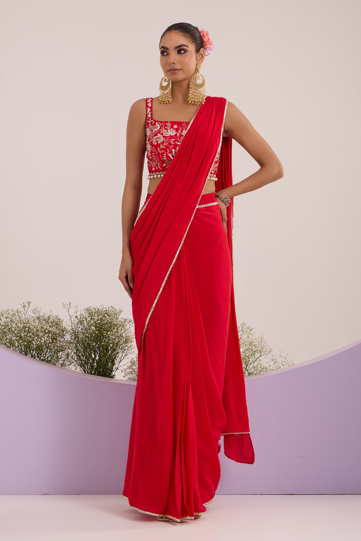 Red Floral Pre-Draped Saree