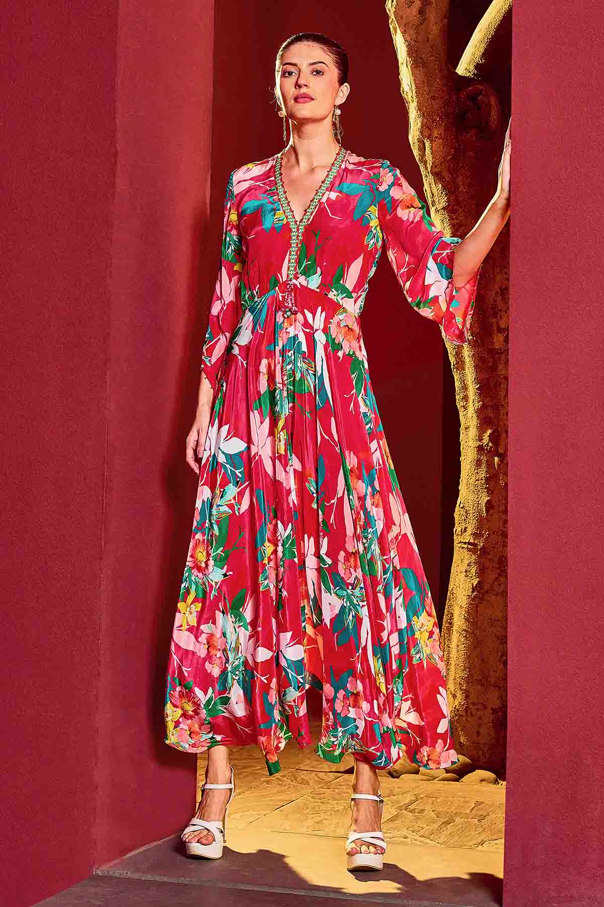 Red Floral Print V-Neck Dress