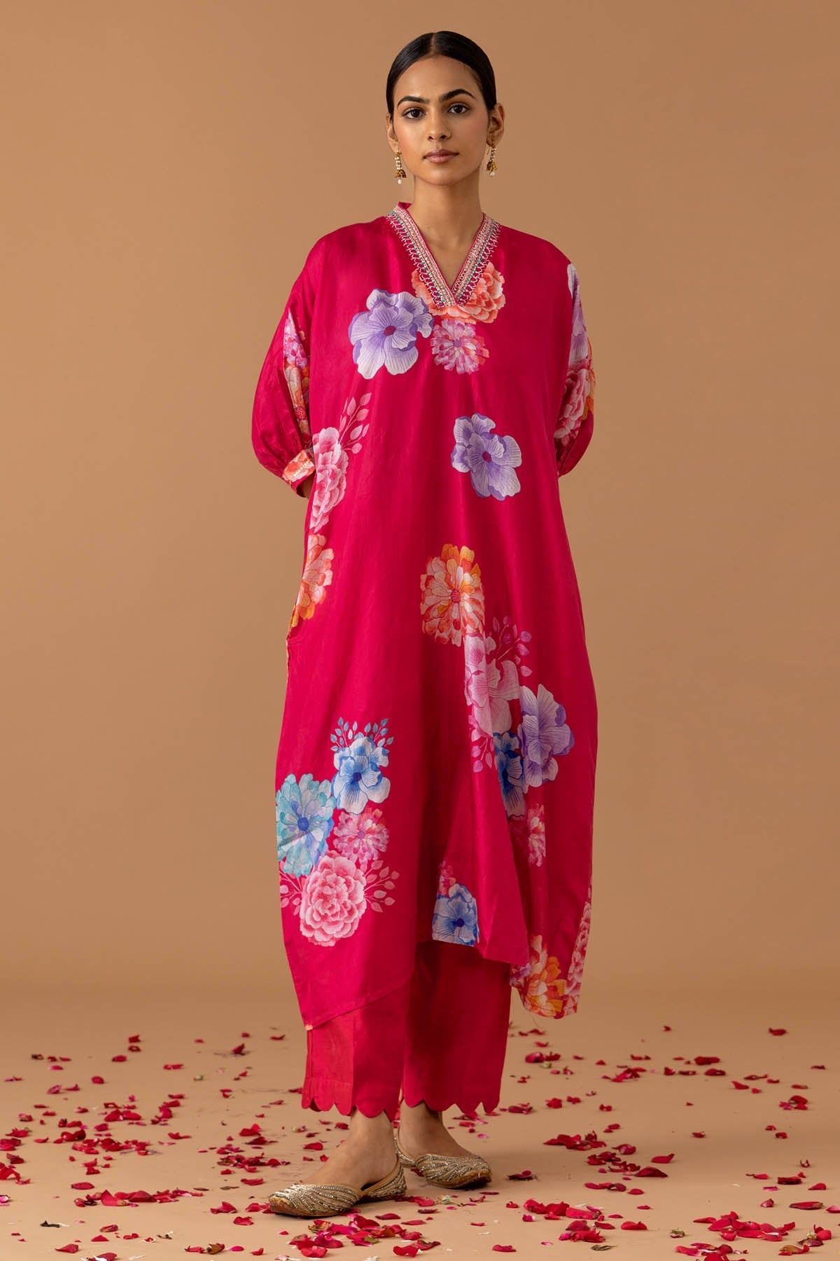 Juanita by Shubhda Red Floral Printed Kaftan Set for women online at ScrollnShops