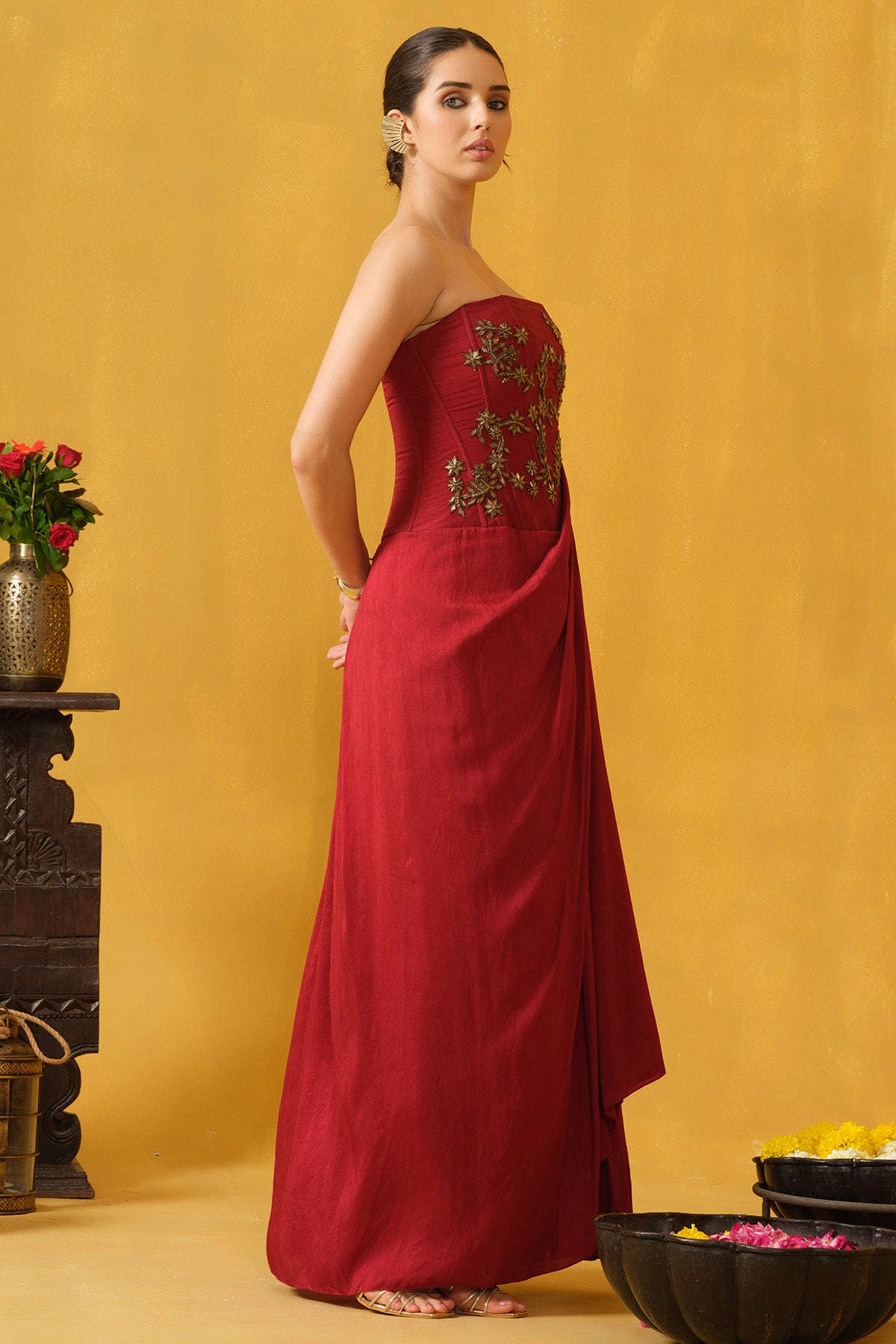 Red Floral Sequins Beads Gown