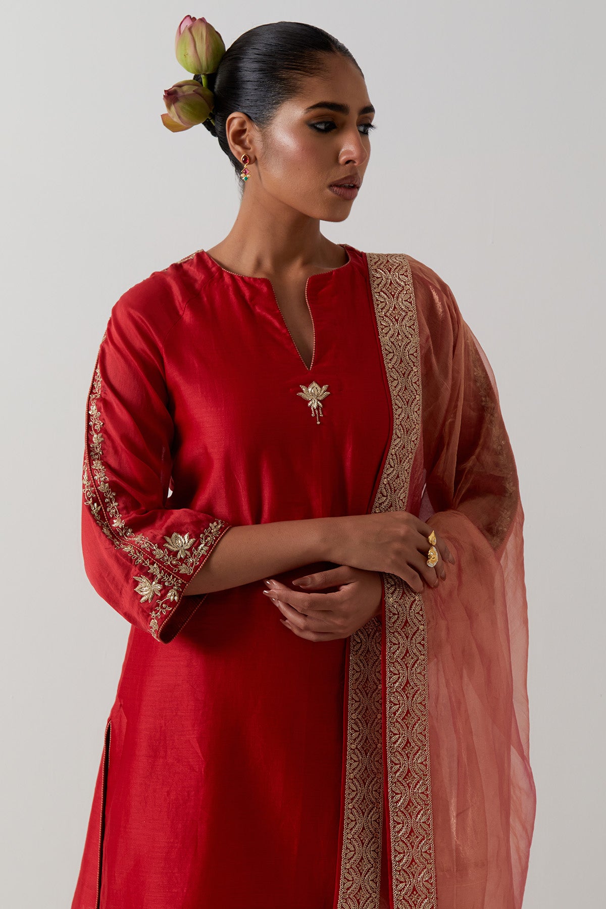 Red Floral Straight Kurta Set