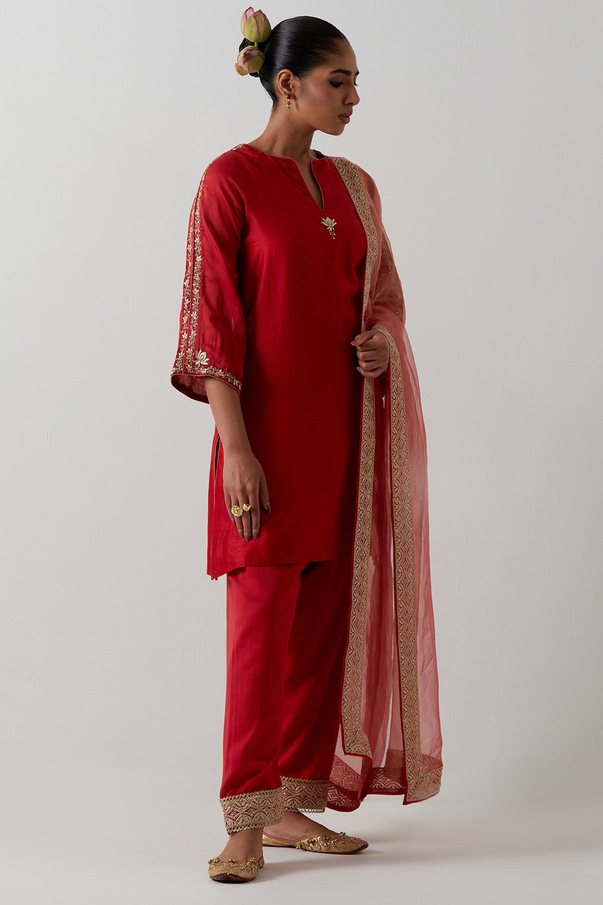 Red Floral Straight Kurta Set