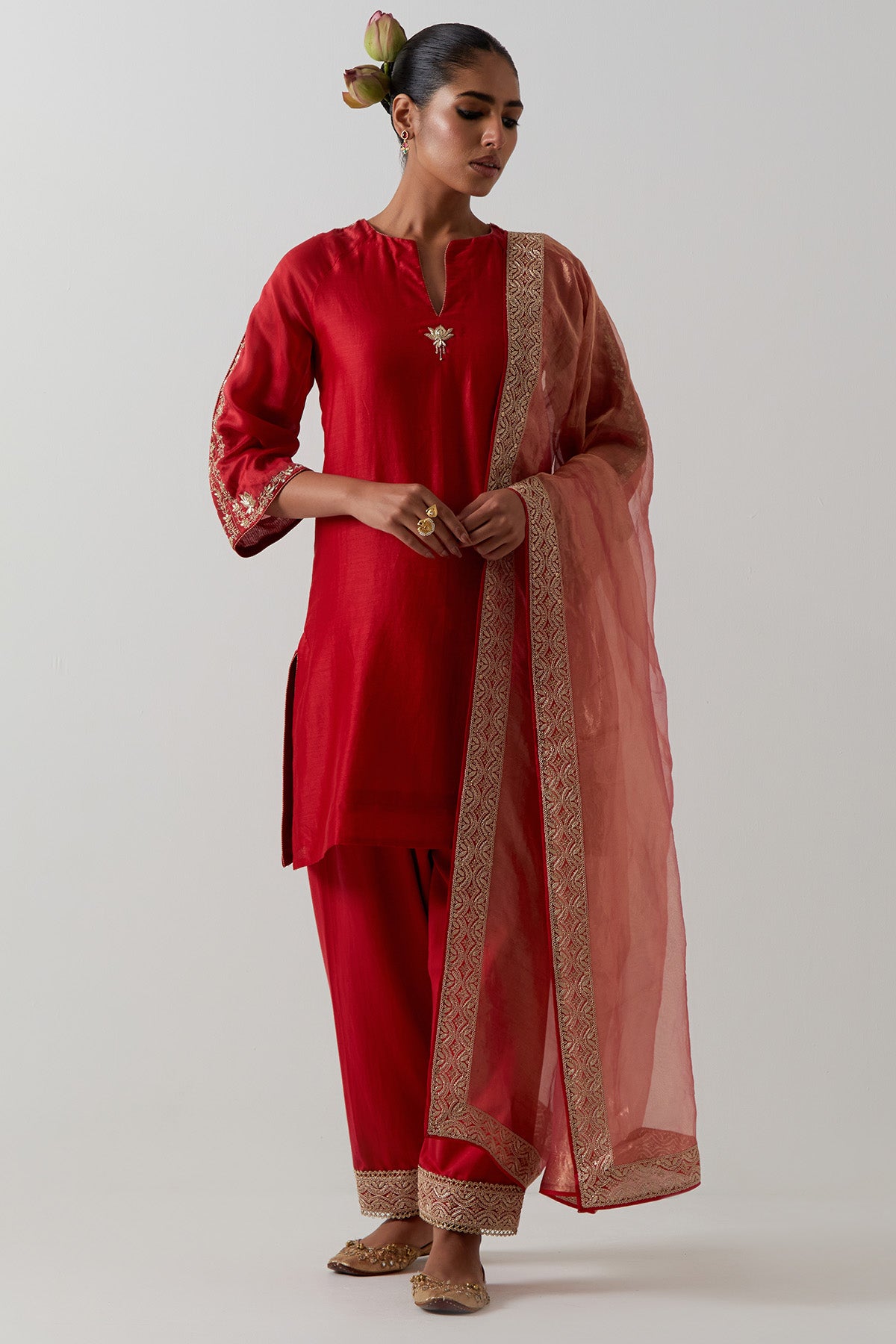 Red Floral Straight Kurta Set