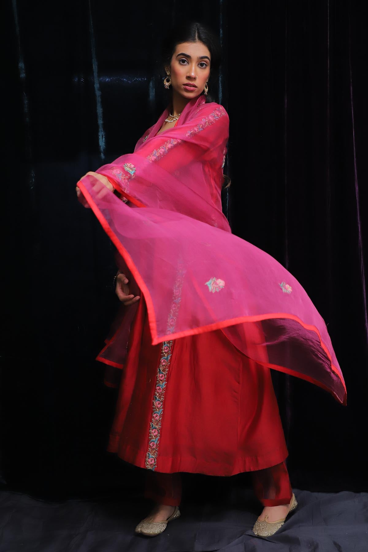 Red Floral Thread Anarkali Set