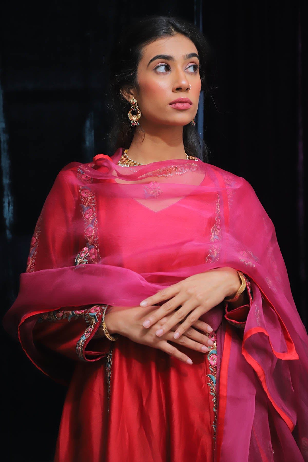 Red Floral Thread Anarkali Set