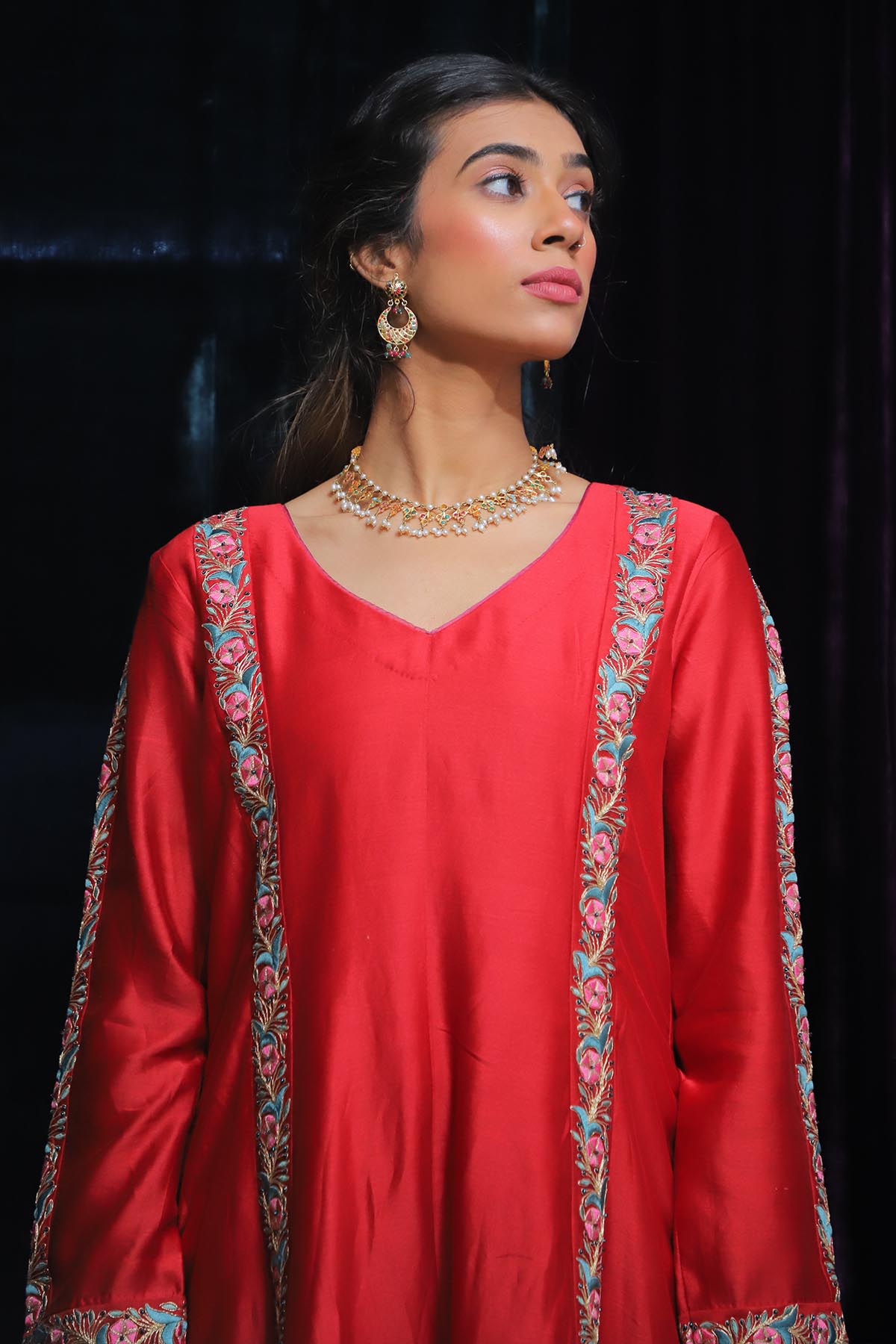 Red Floral Thread Anarkali Set
