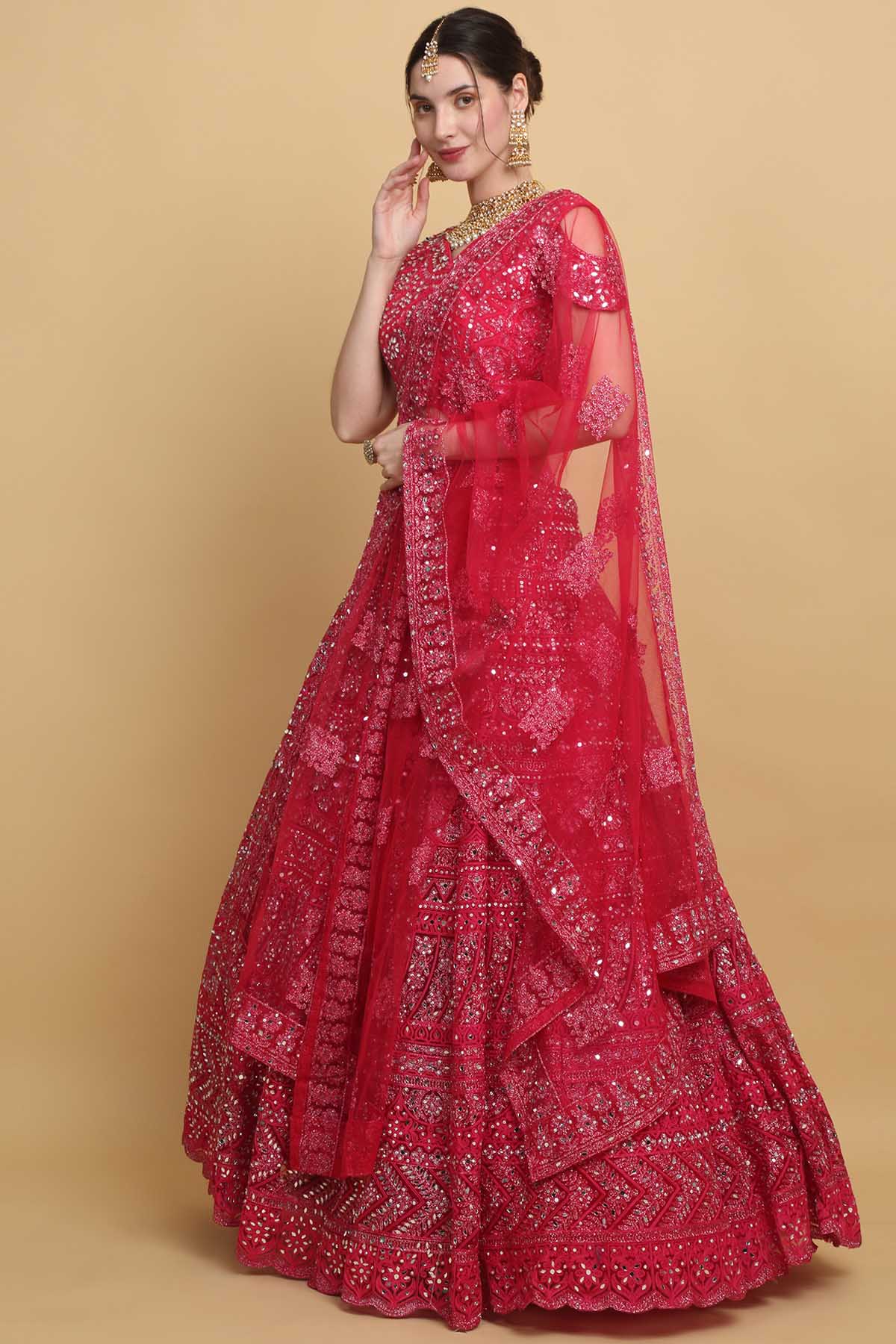 Red Floral Thread Lehenga Set
