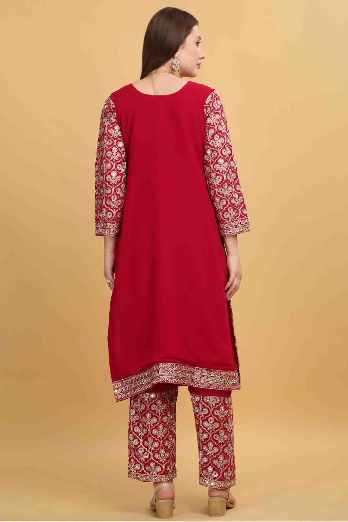 Red Floral Thread Work Kurta Set