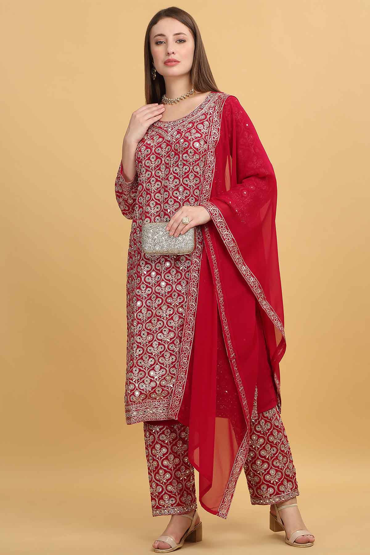 Red Floral Thread Work Kurta Set