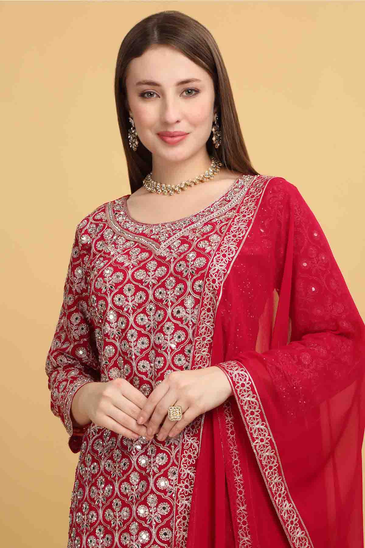 Red Floral Thread Work Kurta Set