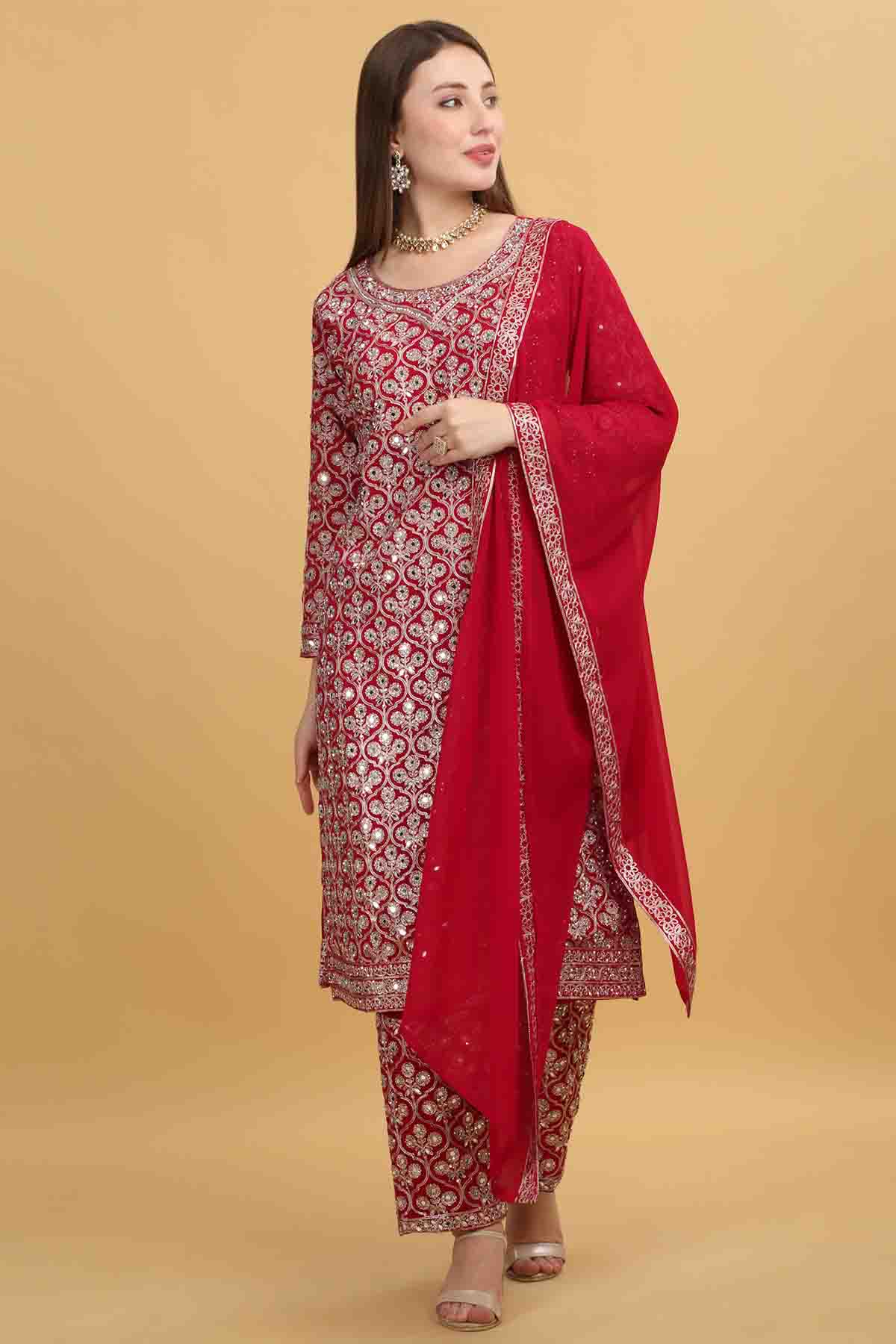 Buy Red Floral Thread Work Kurta Set by Aham Vayam at ScrollnShops