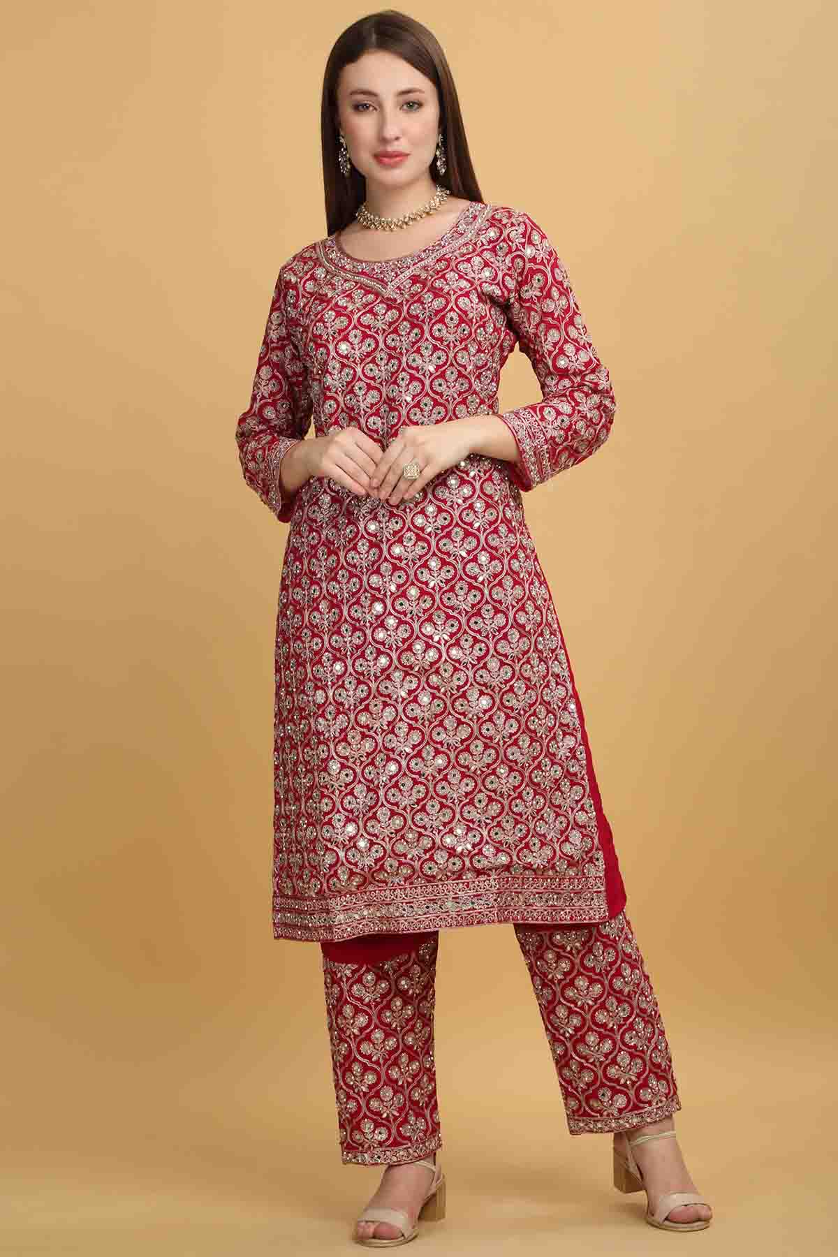 Red Floral Thread Work Kurta Set