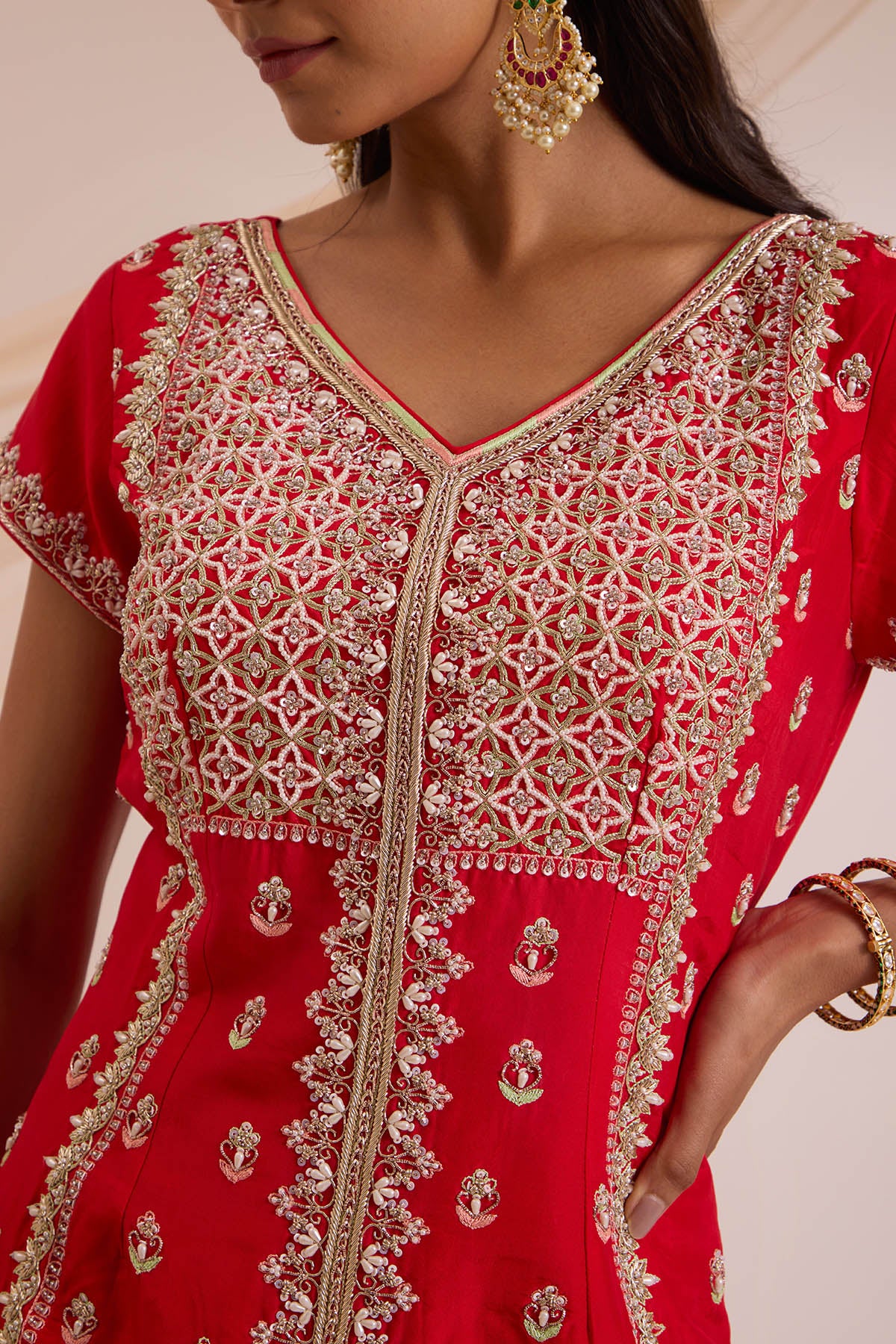 Red Floral Work Gharara Set