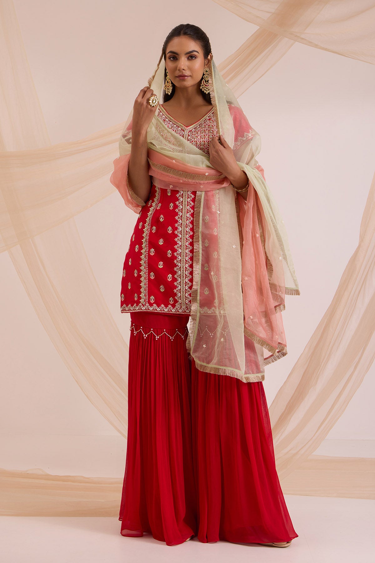 Red Floral Work Gharara Set