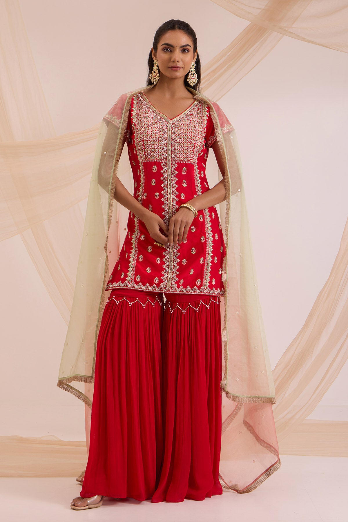 Red Floral Work Gharara Set