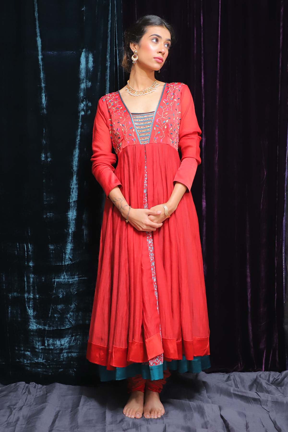 Red Floral Zardosi Anarkali Set