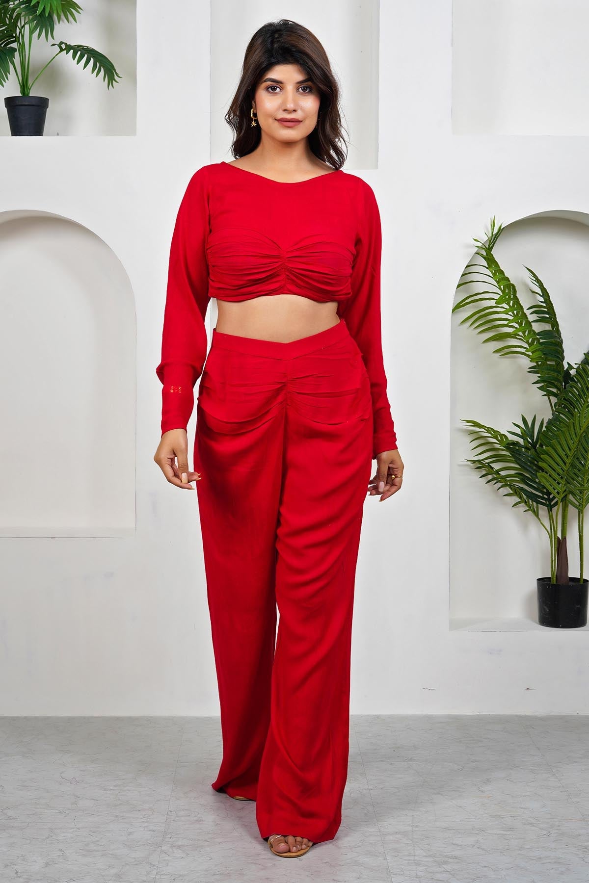 Imrie Red Gathered Crop Top & Pants for women online at ScrollnShops