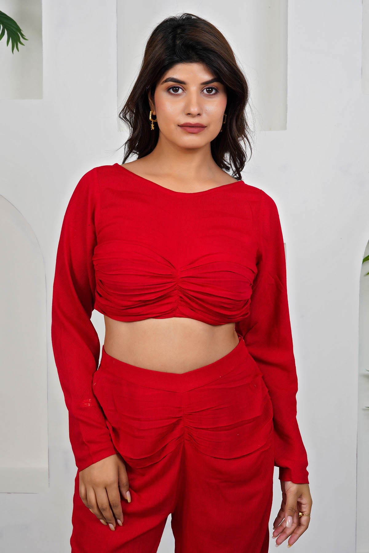 Red Gathered Crop Top & Pants