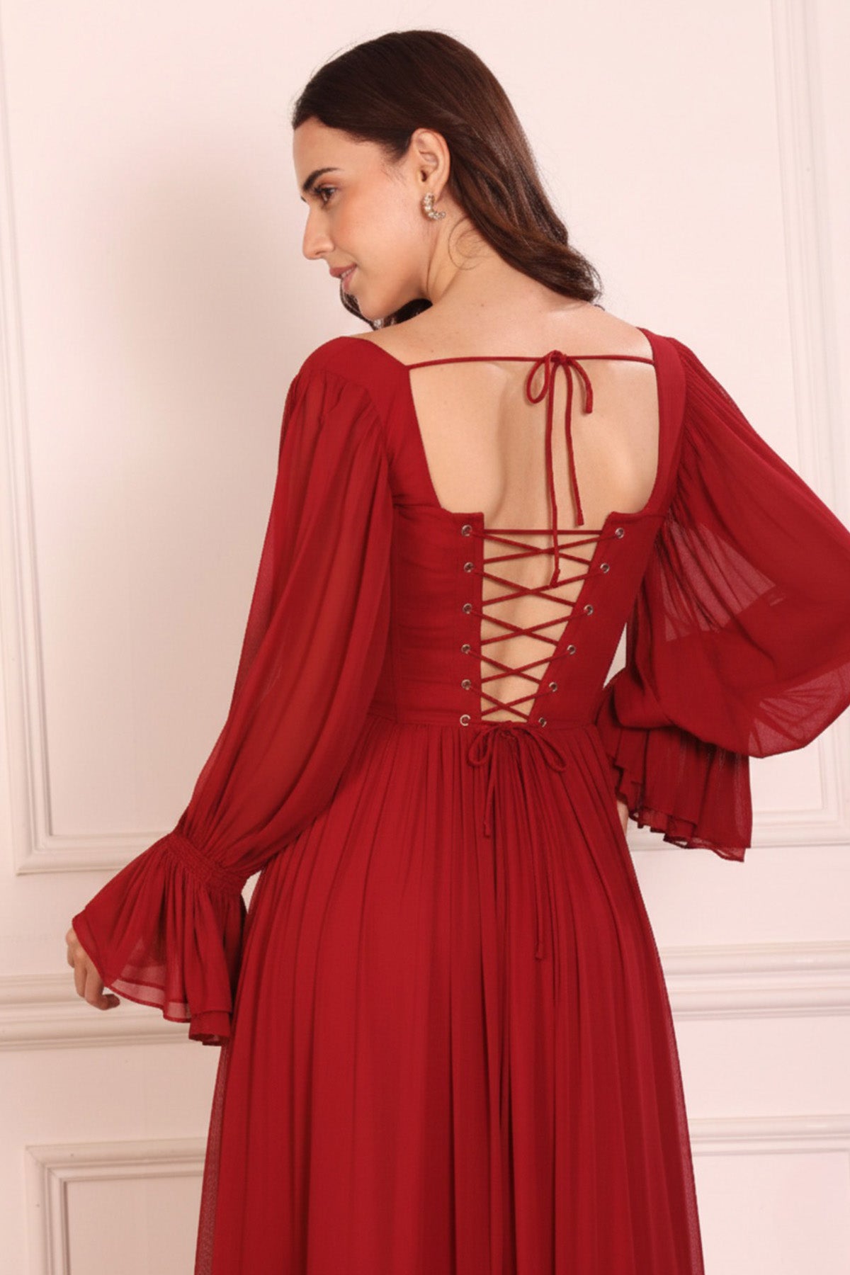 Red Gathered Frill Maxi Dress