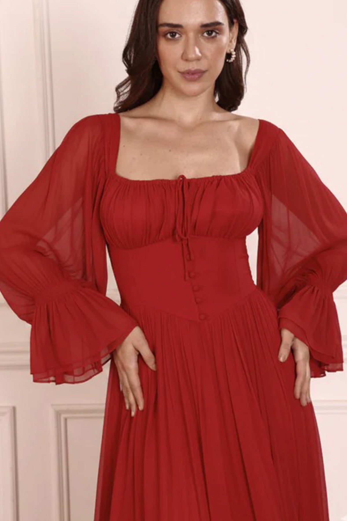 Red Gathered Frill Maxi Dress