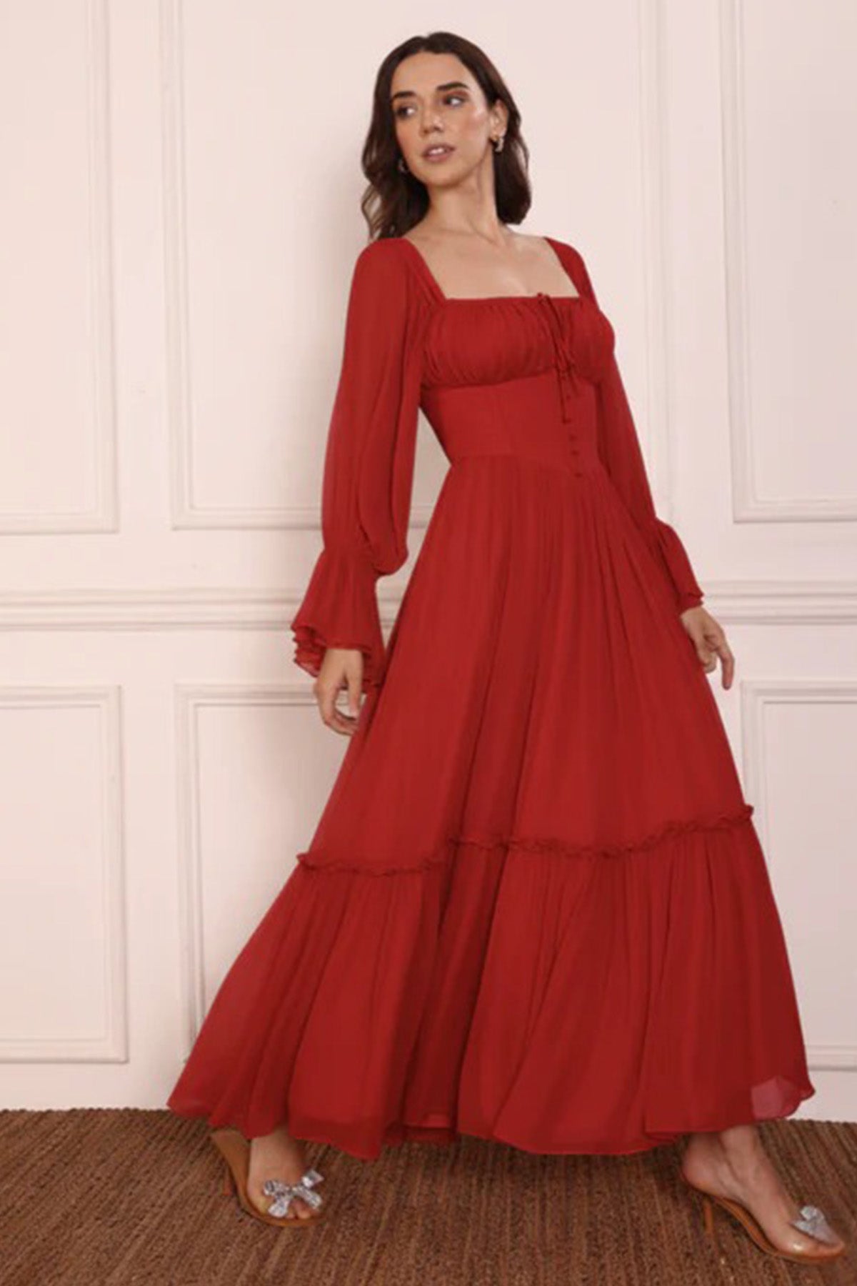 Buy Red Gathered Frill Maxi Dress for women by Seoraa online available at scrollnshops