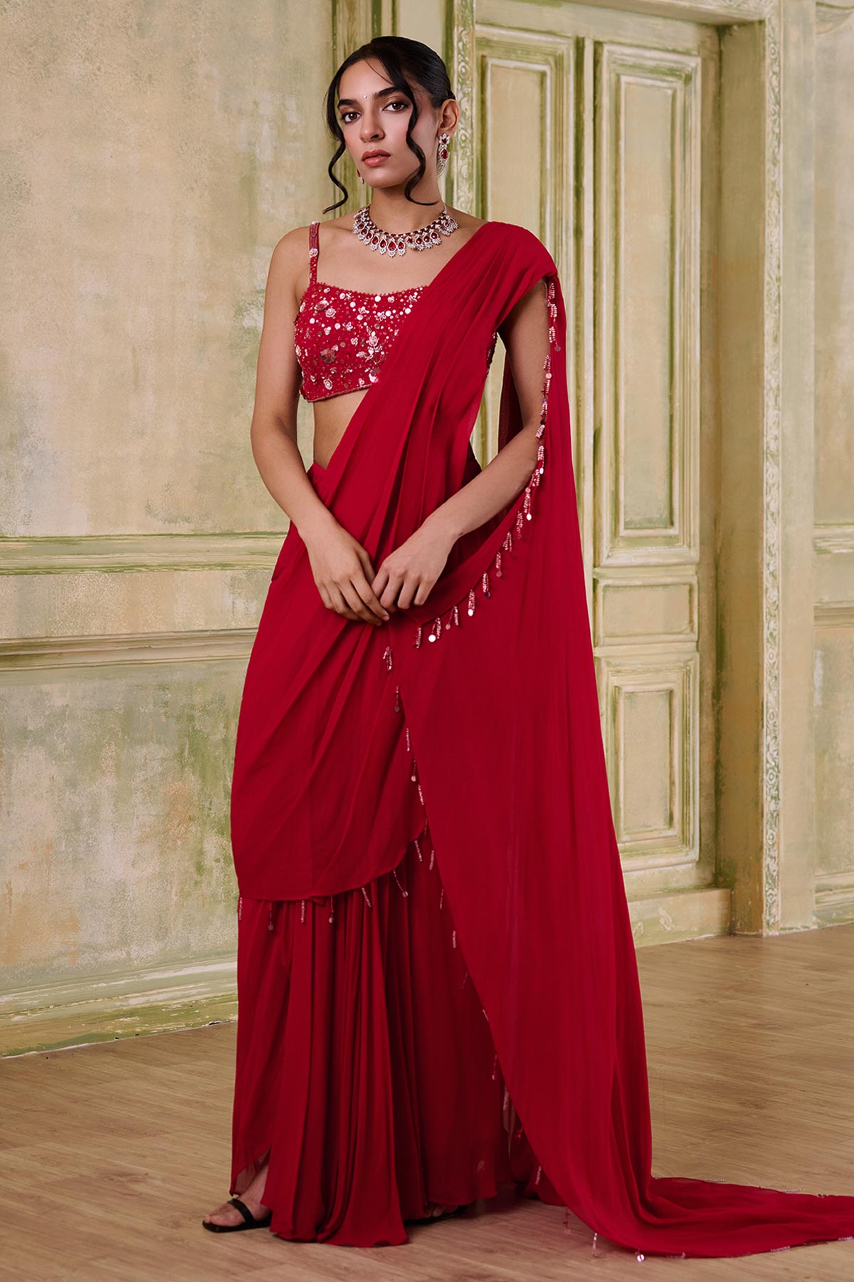 Buy Red Georgette Draped Saree Set for women by Mudita by Urmila online available at scrollnshops