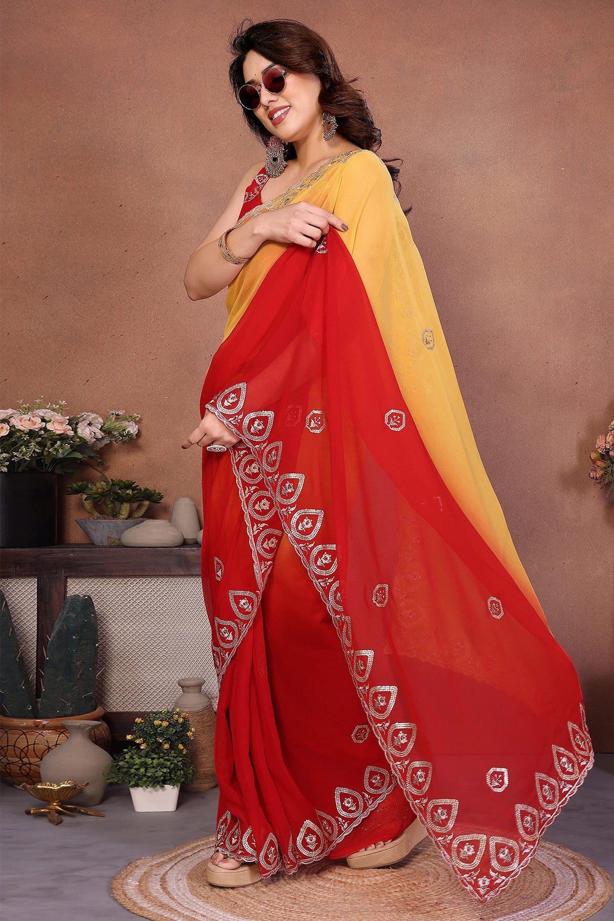 Red Georgette Embroidery Saree