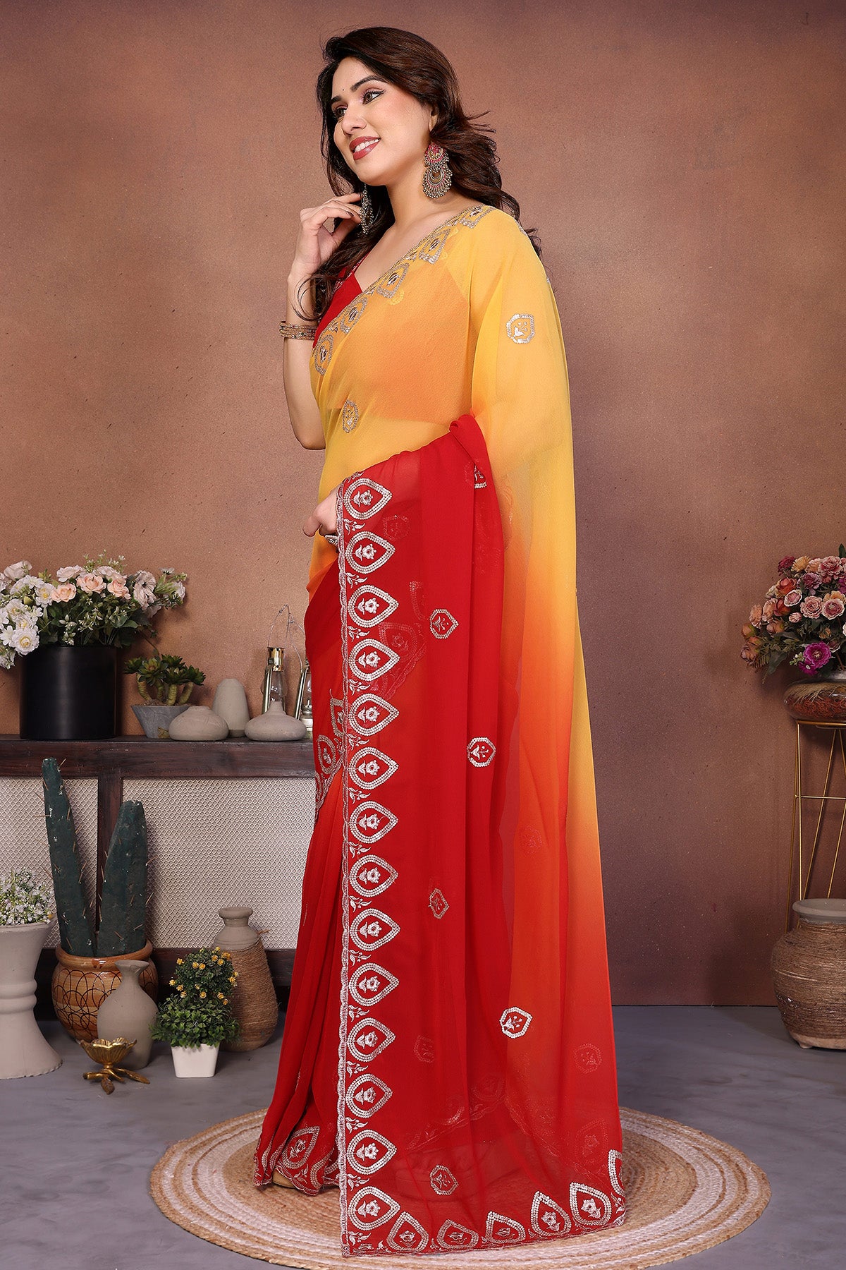Red Georgette Embroidery Saree