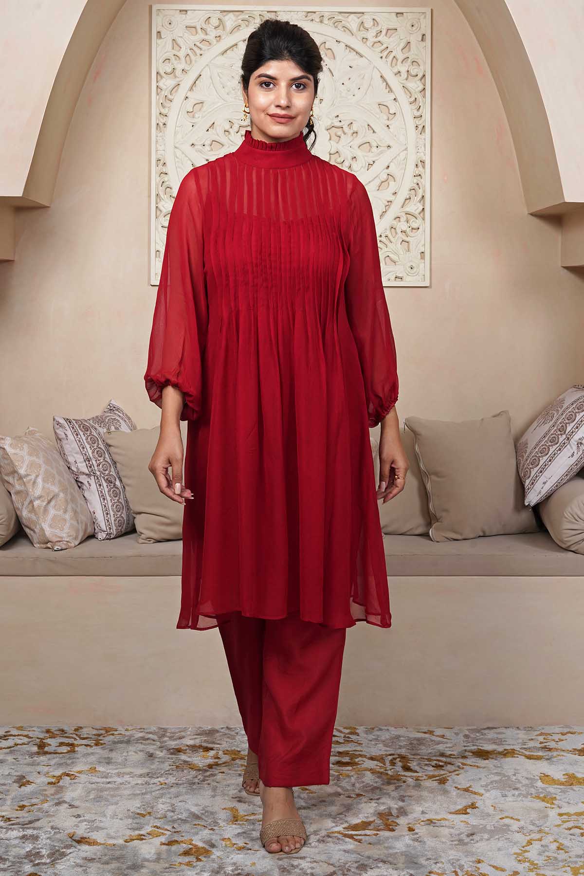 Imrie Red Georgette Flared Kurta Set for women online at ScrollnShops