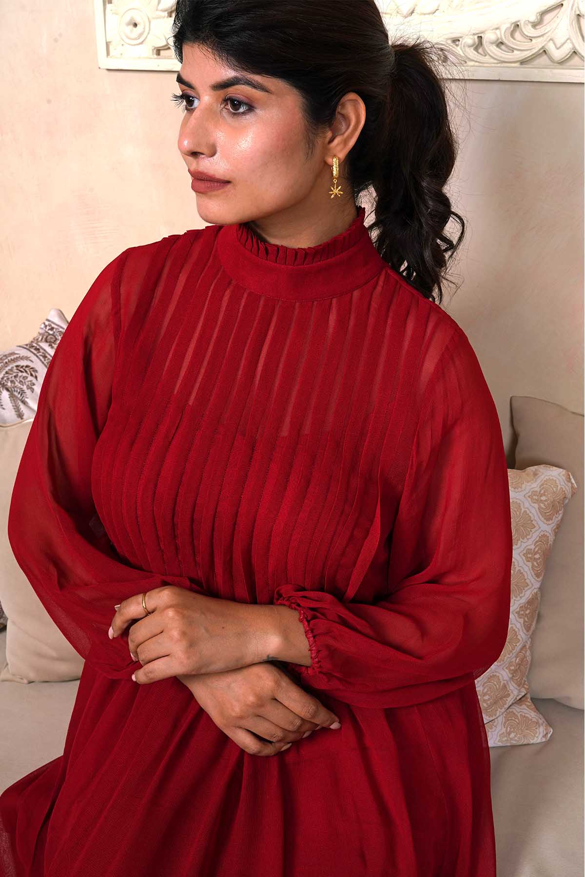 Red Georgette Flared Kurta Set