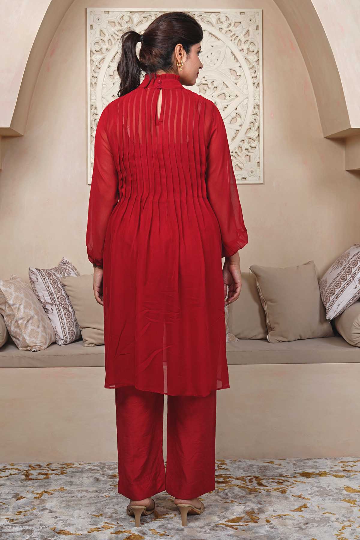 Red Georgette Flared Kurta Set