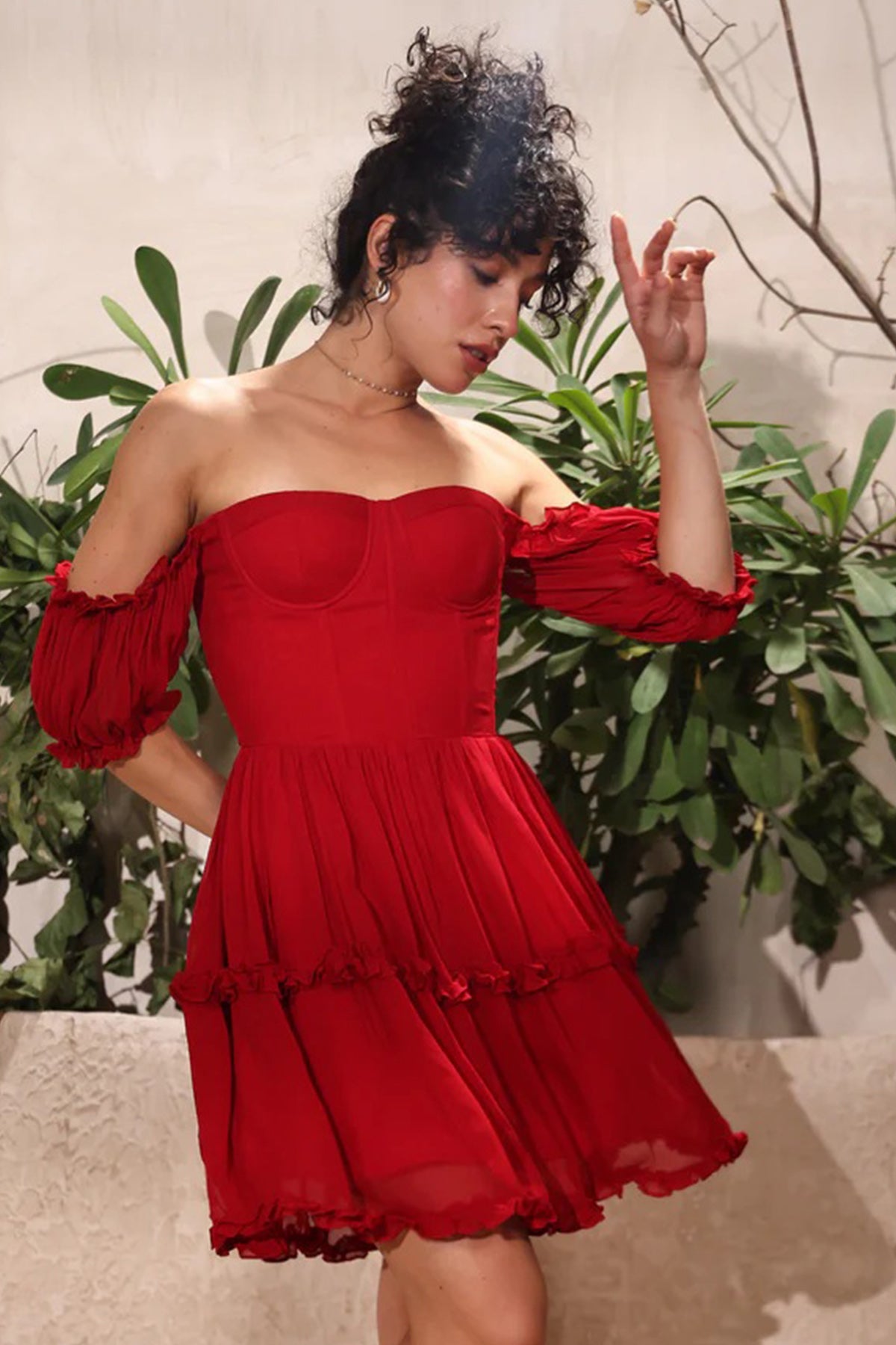 Red Georgette Flared Mini Dress