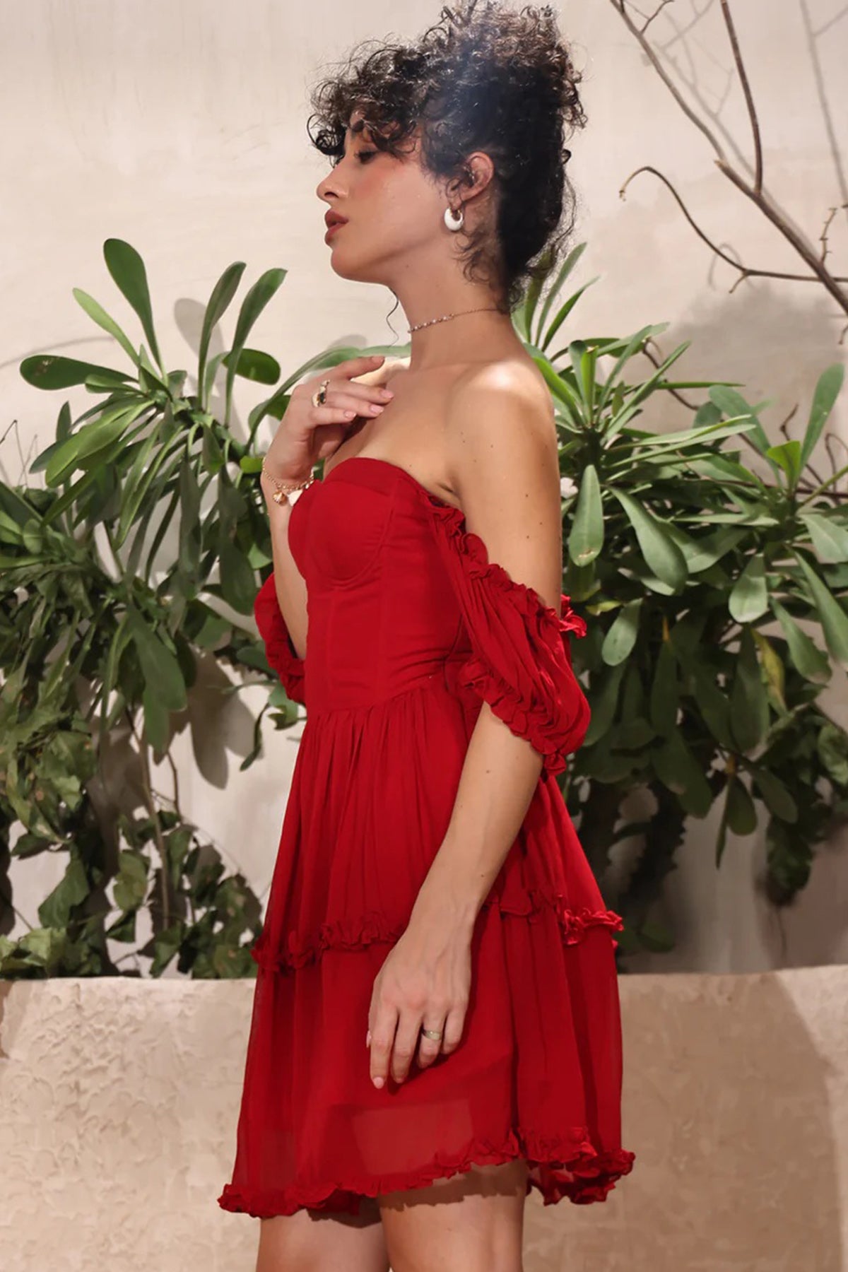 Red Georgette Flared Mini Dress