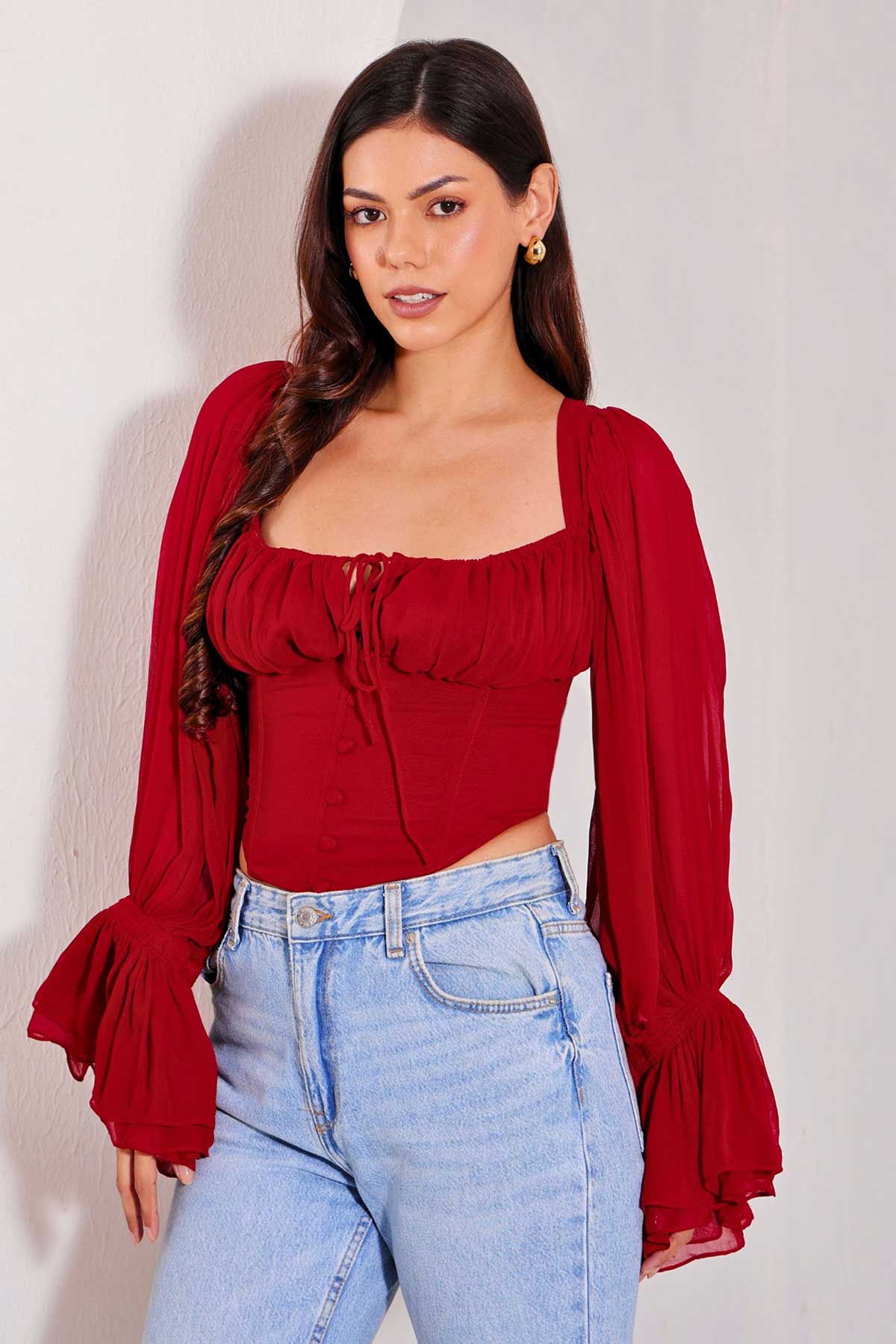 Buy Red Georgette Frilled Cuffs Top for women by Seoraa online available at scrollnshops